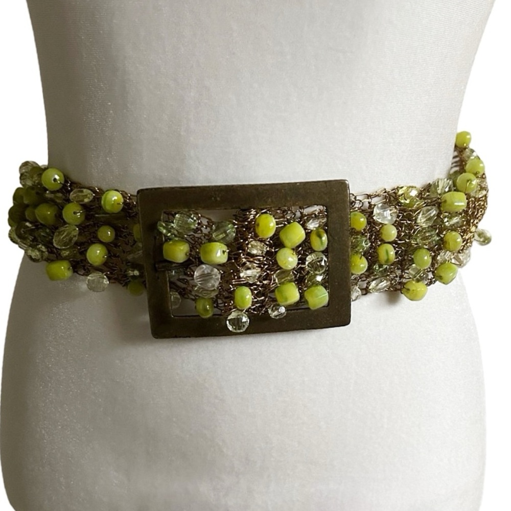 Gold Green Beaded Chunky Metal Retro Artsy Belt - Picture 3 of 12